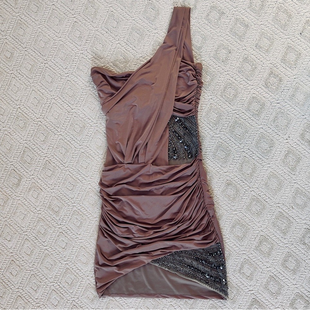 Brown Taupe One-Shoulder Sequin Detailing Brown Dress by Caribbean Queen
